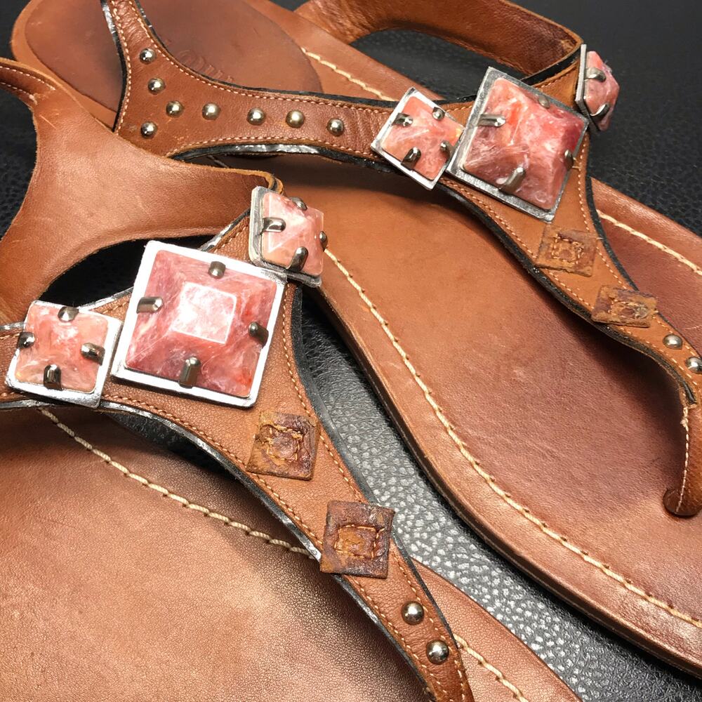 Miu Miu SZ 41 Brown Leather Thong Gladiator Sandals Pink Silver Pyramid Studs - Picture 5 of 13